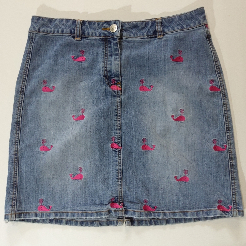 Lilly Pulitzer Light Blue Denim Mini Skirt with Pink Whale Embroidery